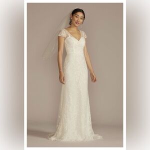 Melissa Sweet MS251268 Cap Sleeve V-Neck Beaded Lace Sheath Ivory/Cashmere SZ 6